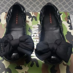 Prada Sport Black Patent Leather Bow Detail Scrunch Ballet Flat